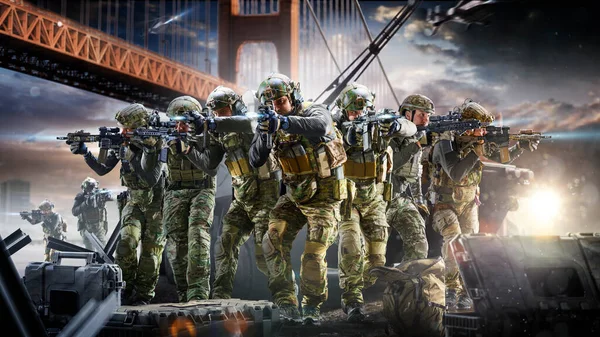 Soldier special forces with weapons in their hands on a futuristic background. Military concept of the future.
