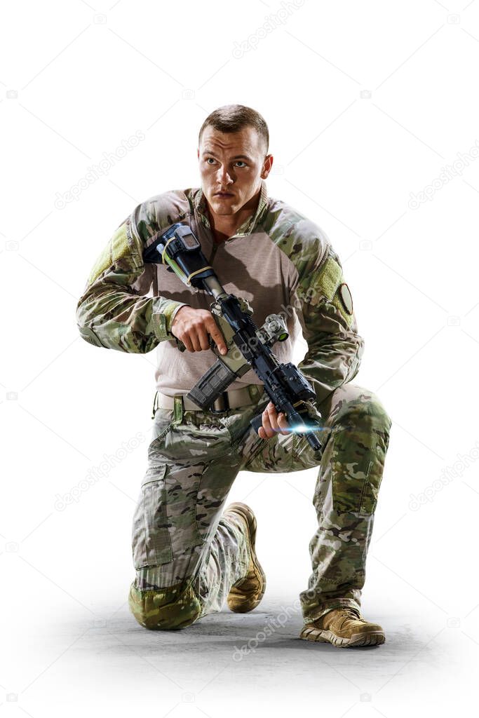 Soldier special forces with weapons in their hands on the isolated white background. Military concept of the future.