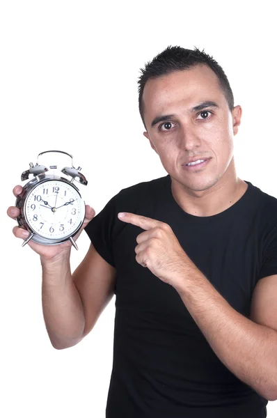Young man with alarm clock — Stock Photo, Image