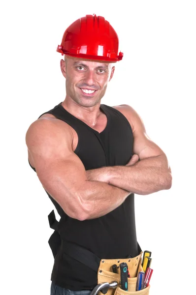 Рабочий с красным шлемом — стоковое фото