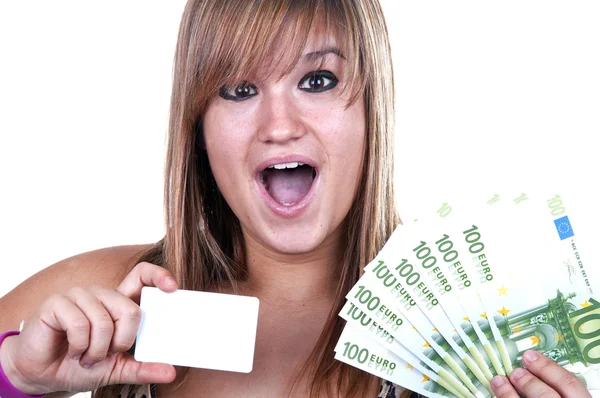 Girl with credit card and bills — Stock Photo, Image