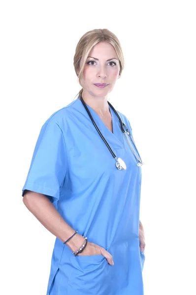 Femme médecin avec robe bleue — Photo