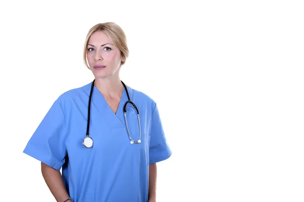 Femme médecin avec robe bleue — Photo