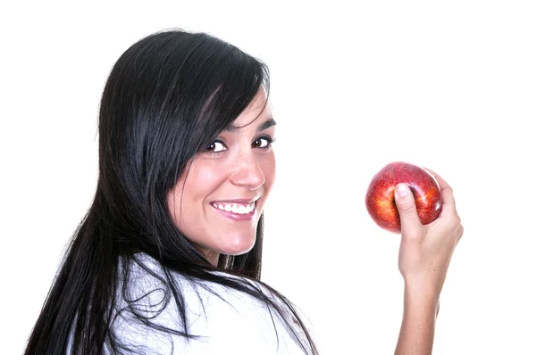 Brunetta con mela rossa — Foto Stock
