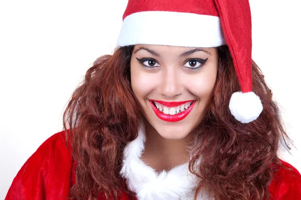 Noel Baba kostüm giyen güzel bir kadın — Stok fotoğraf
