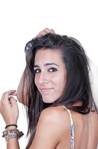 Bella bruna toccare i capelli — Foto Stock