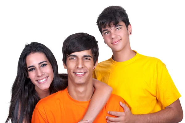 Three friends sharing and smiling — Stock Photo, Image