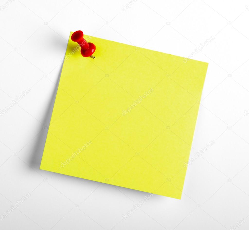 Yellow reminder note with red pin isolated 