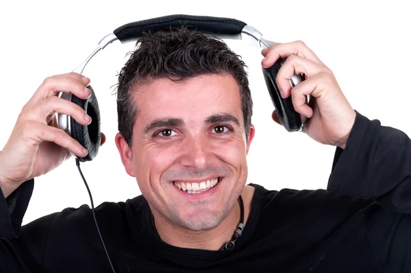 Homme écoutant avec casque — Photo
