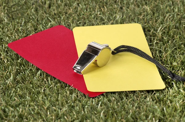 Whistle With Red And Yellow Card On The Field — Stock Photo, Image