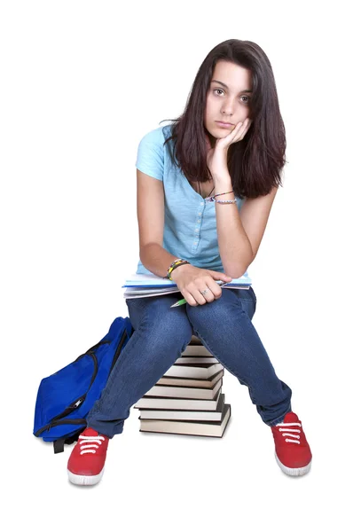 Retrato de linda chica con libro de texto en las manos — Foto de Stock