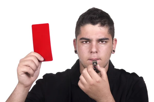 Hakem faul kavramı için kırmızı kart tutan — Stok fotoğraf
