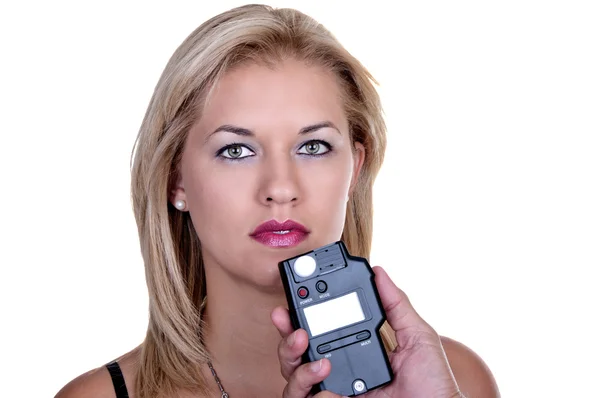 Girl with a photometer — Stock Photo, Image