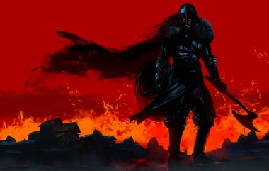 Eski Viking fantezi savaşçısının yanan şehir arka planında titrek ve balta tutan çizimleri..