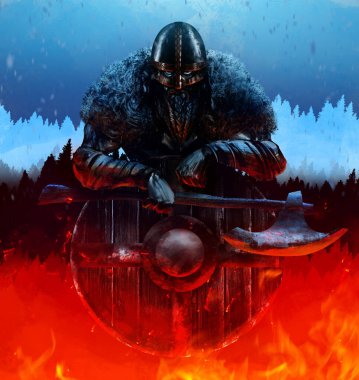 Eski Viking fantezi savaşçısının çizimleri. Tahtaya yaslanmış, baltayla buzlu ormanlık arka planda duruyor..