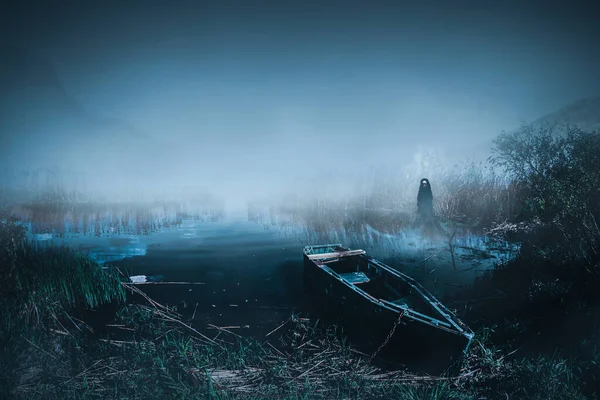Abandoned Wooden Boat Haunted Lake Shore Female Ghost Spirit Emerging — Stock Photo, Image