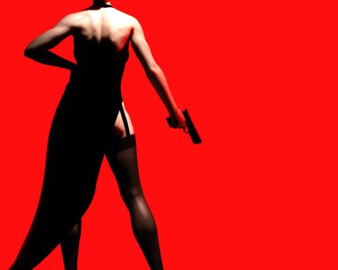 Siyah elbiseli ve çoraplı, kırmızı arka planda duran seksi zenci kadının 3 boyutlu resmi..