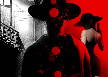 Siyah elbiseli, silahlı ve erkek dedektif yüzlü seksi casus kadın figürünün üç boyutlu resmi..