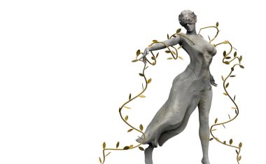 İzole edilmiş 3D, beyaz arka planda dans eden altın yapraklı Yunan tanrıça heykeli tasviri..