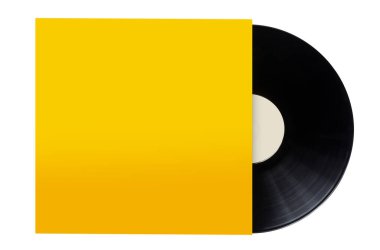 Beyaz zemin üzerinde sarı kapaklı siyah vinil plaka fotoğrafı.