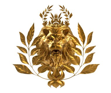 Metal altın aslan başı ambleminin beyaz arka planda yapraklarla izole edilmiş üç boyutlu çizimi..