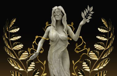 Arka planda altın yapraklar olan 3D mermer resimli Yunan peri tanrıçası heykeli.