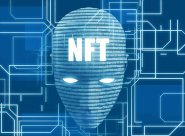 Parlak NFT sözcüğüyle siber insan ikili kod kafa modelinin 3D çizimi.