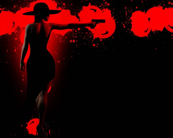 Siyah Elbiseli Seksi Ajanın Siyah Arka Planda Kırmızı Kan Sıçrama — Stok fotoğraf