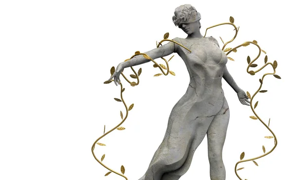 孤立的3D渲染的大理石希腊自然仙女雕像 金色的叶子站在白色的背景上跳舞的姿势 — 图库照片