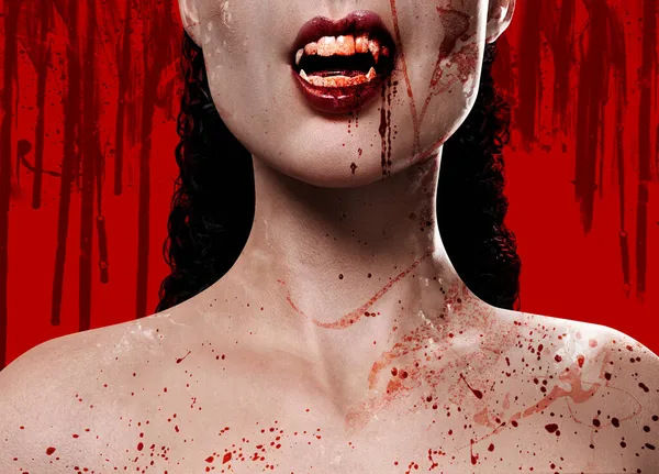 Render Ilustración Sexy Cara Vampiro Femenino Cubierto Salpicaduras Sangre Sobre —  Fotos de Stock