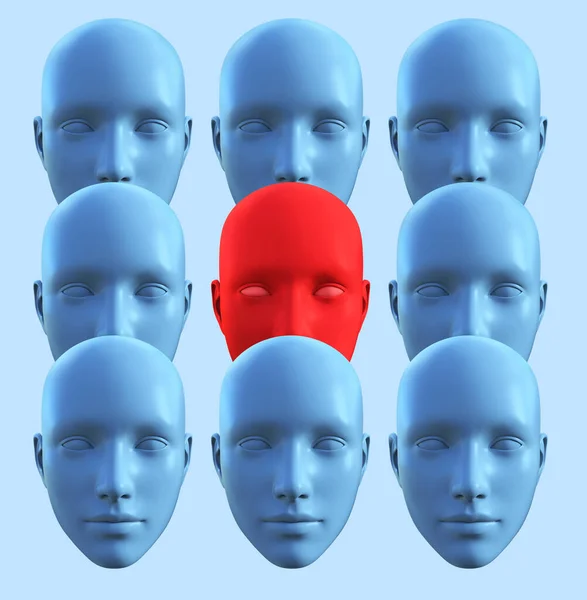 Återge Illustration Blå Färgade Mänskliga Ansikten Med Röd Färgad Spion — Stockfoto
