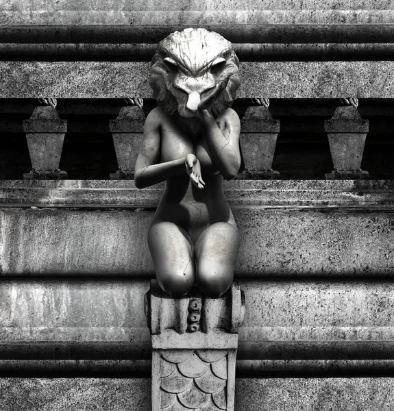 Illusztráció Oroszlánfejű Görög Istennő Emlékmű Márvány Vagy Oszlopok Fal Háttér — Stock Fotó