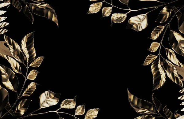 Καθιστούν Την Απεικόνιση Του Χρυσού Χρωματιστά Κλαδιά Φύλλων Μαύρο Φόντο — Φωτογραφία Αρχείου