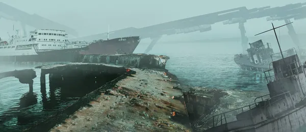 Ilustração Futurista Cemitério Navios Abandonados Destruídos Porto Nebuloso Rio Com — Fotografia de Stock