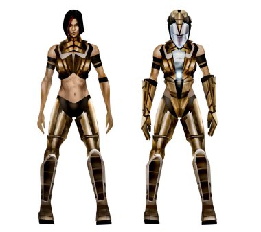 Fantezi bilim kurgu siber kız uzay giysisi, karakter tasarımı, beyaz arka planda izole.