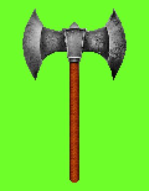 Yeşil ekran arka planında iki taraflı Viking balta silahının Piksel çizimi.