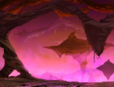 Fantezi cehennemi yeraltı dünyasının ya da mağara seviyesindeki tasarımın pikselsel çizimi. 16 bit oyun konsepti.