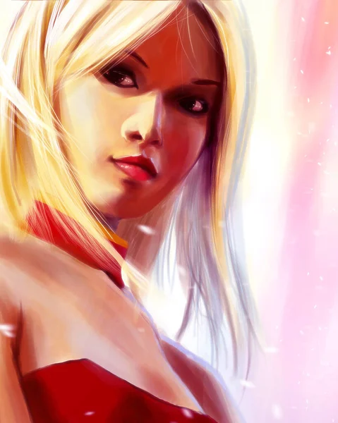 Художня Ілюстрація Сексуальної Красивої Блондинки Портрет Персонажа Дівчини Червоній Сукні — стокове фото