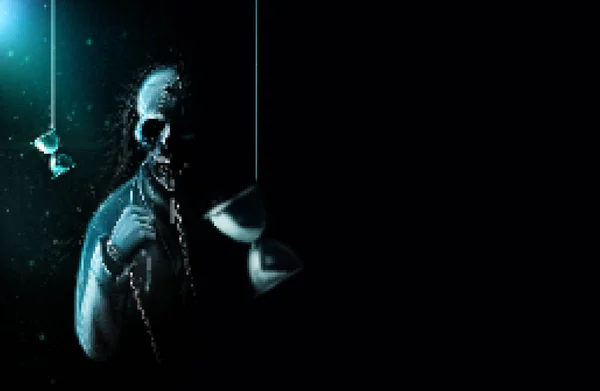 Рисунок Пикселей Иллюстрация Ужаса Страшный Скелет Человек Прикован Воде Висящим — стоковое фото