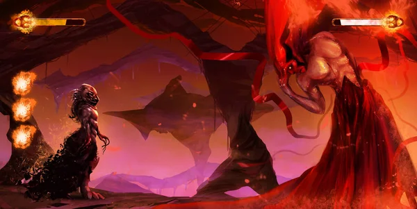 Umělecké Ilustrace Fantasy Plošinovka Hra Monster Protagonista Charakter Boj Konečné — Stock fotografie