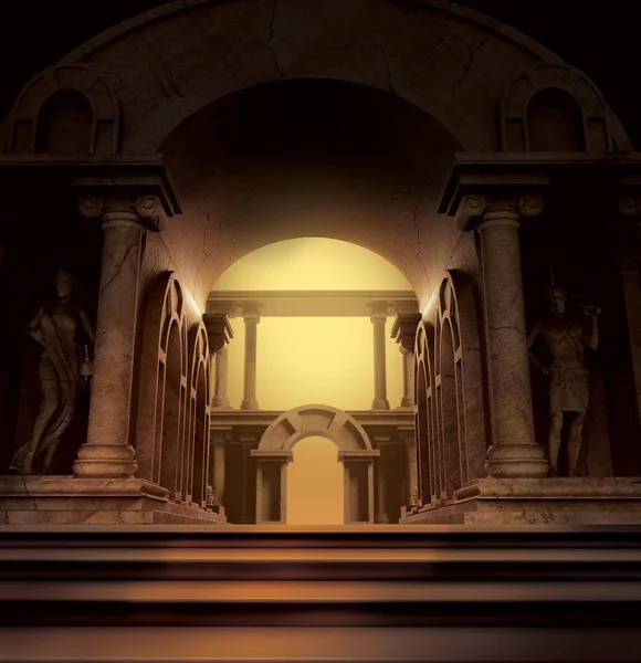 用石像 柱子和拱门描绘古代希腊神殿的奇幻 — 图库照片
