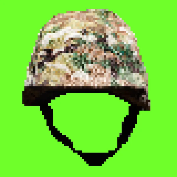 Pixel artwork illustration of soldeir helmet in camouflage cover on green screen background.