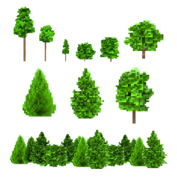 Пиксельная Иллюстрация Битных Различных Форм Зеленых Деревьев Выделенных Белом Фоне — стоковое фото