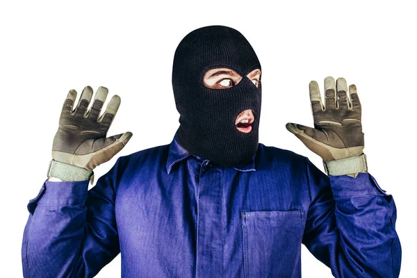 Geïsoleerde Foto Van Overvaller Masker Overall Handschoenen Witte Achtergrond — Stockfoto