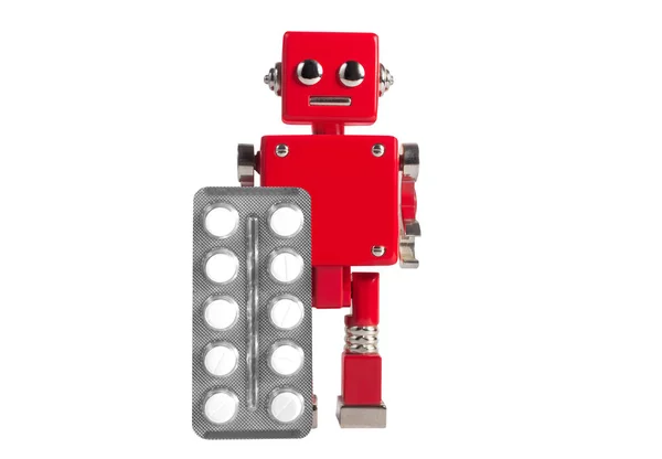 Isolierte Foto Von Rot Gefärbten Metall Miniatur Roboter Spielzeug Stehend — Stockfoto