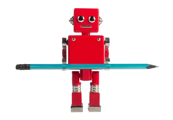 Izolovaná Fotografie Červené Barvy Kovové Miniaturní Robot Hračka Stojící Ořezávanou — Stock fotografie