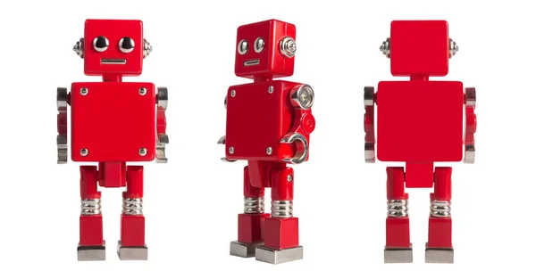 Isolated Photo Red Colored Metal Miniature Robot Toy Standing White — Stock Photo, Image