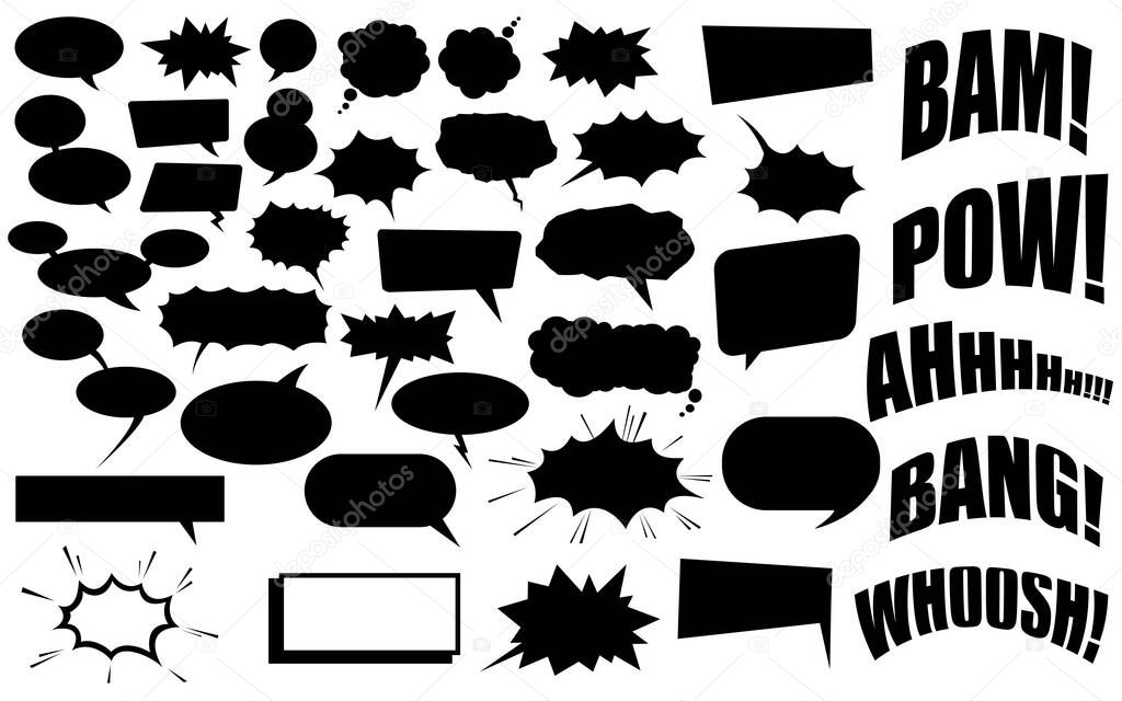 Isolated artwork illustration of black colored various comic style dialog boxes and word shapes on white background