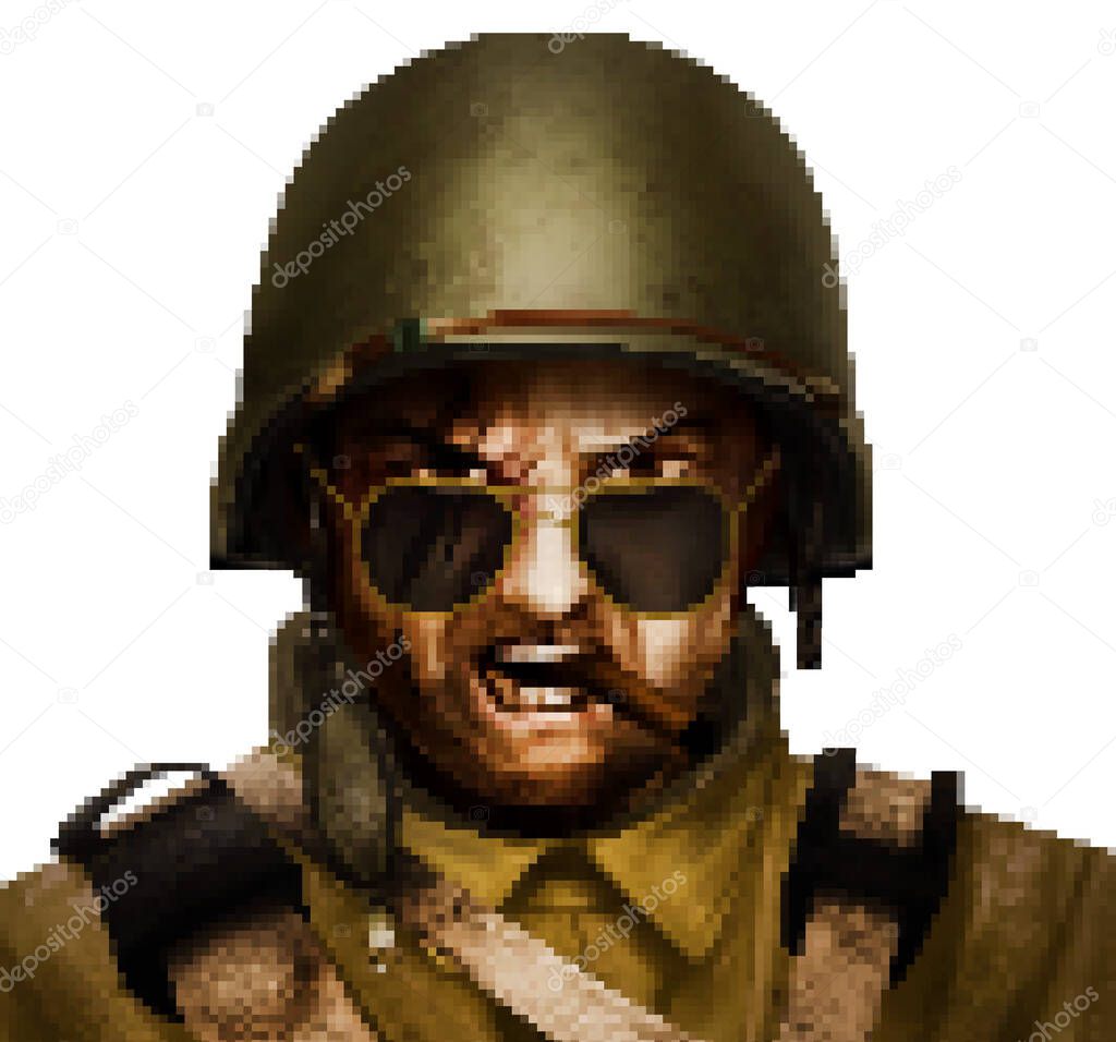 Pixel artwork illustration of american World War 2 soldier face with cigar and armor helmet isolated on white background.