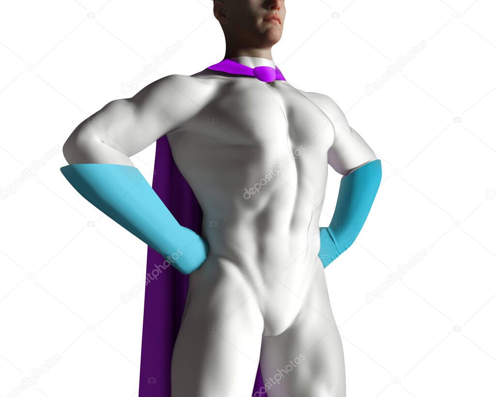 3d render illustration angle view artwork of male strong super hero in white colored costume and purple cape isolated on white background.